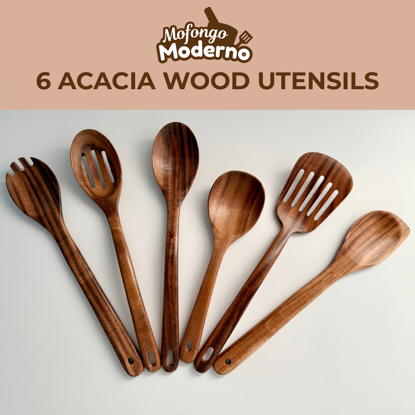 6-Piece Acacia Wood Kitchen Utensil Set - Mofongo Moderno