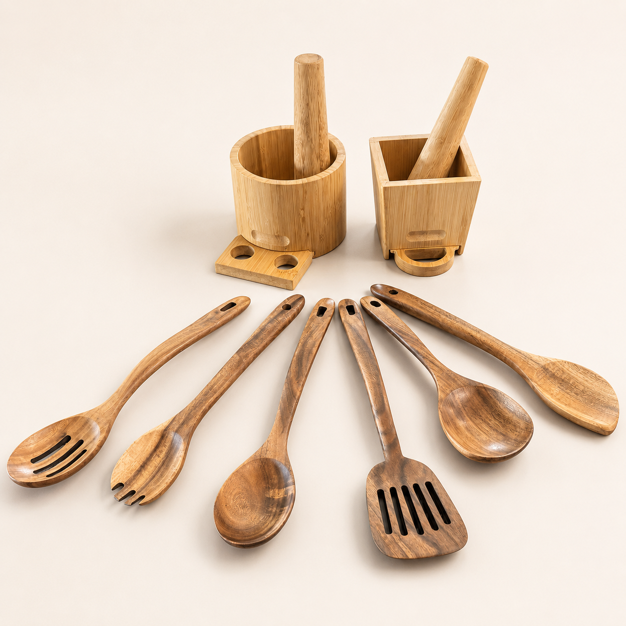 COMBO COMPLETO MOFONGO MODERNO – PILÓN CIRCULAR Y CUADRADO DE BAMBÚ + 6 UTENSILIOS DE MADERA DE ACACIA