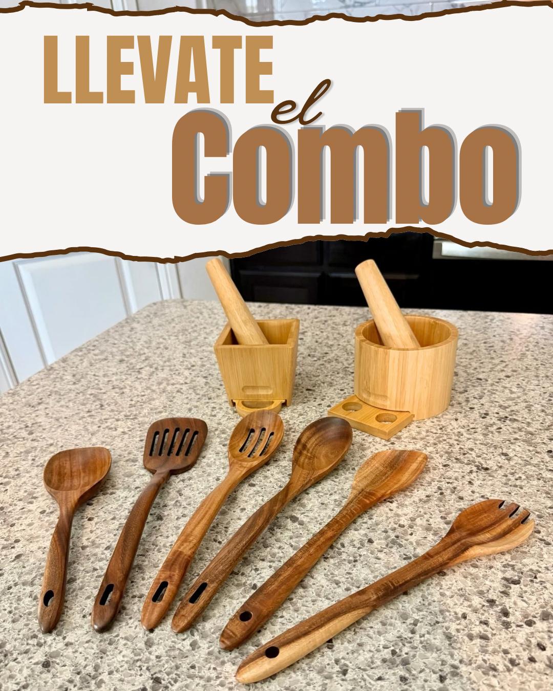 COMBO COMPLETO MOFONGO MODERNO – PILÓN CIRCULAR Y CUADRADO DE BAMBÚ + 6 UTENSILIOS DE MADERA DE ACACIA